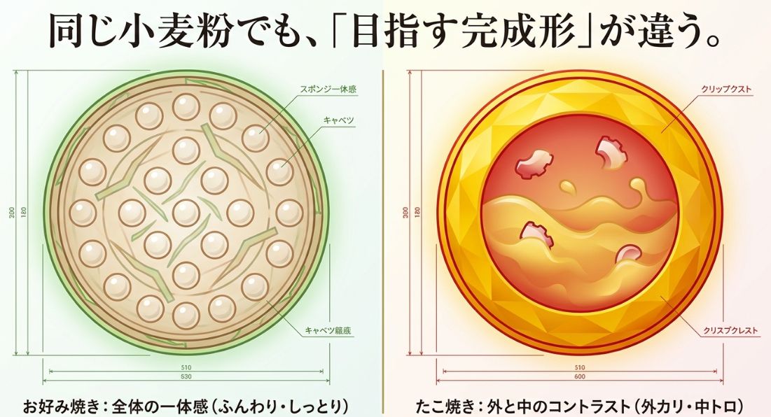 お好み焼きのふんわりした「スポンジー体感」と、たこ焼きの「クリスプクレスト（外殻）」による外カリ中トロ構造を、設計図のようなイラストで示した比較図 。