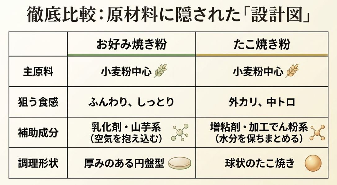 お好み焼き粉（乳化剤・山芋系でふんわり）と、たこ焼き粉（増粘剤・加工でん粉系で外カリ中トロ）の主原料、食感、調理形状を対比した比較表 。