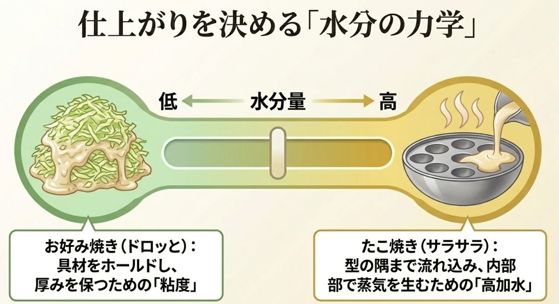 水分量が多い「たこ焼き（サラサラ・高加水）」と、水分量が低い「お好み焼き（ドロッと・粘度）」の生地の性質をグラフとテキストで解説した図 。