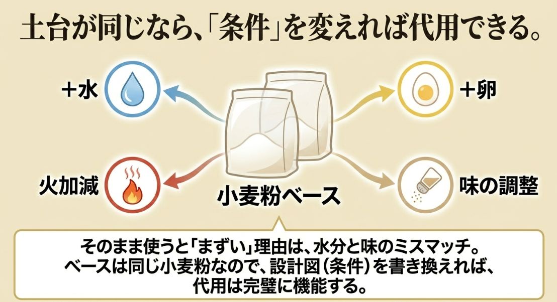 どちらも小麦粉ベースだが、水・火加減・卵・味の調整という「条件」を変えることで完璧な代用が可能になることを示す概念図 。