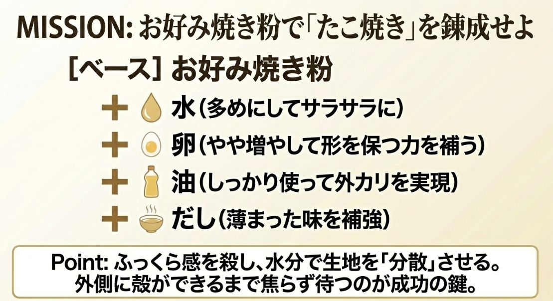 お好み焼き粉をベースに、水を多めにしてサラサラにし、卵や油、だしを足して「たこ焼き」に寄せるための具体的な手順とポイントのまとめ 。