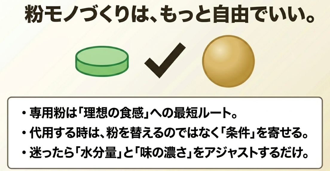 専用粉は最短ルートだが、代用は「条件」を寄せるだけで可能。迷ったら「水分量」と「味の濃さ」を調整すればよいという結論のまとめ 。