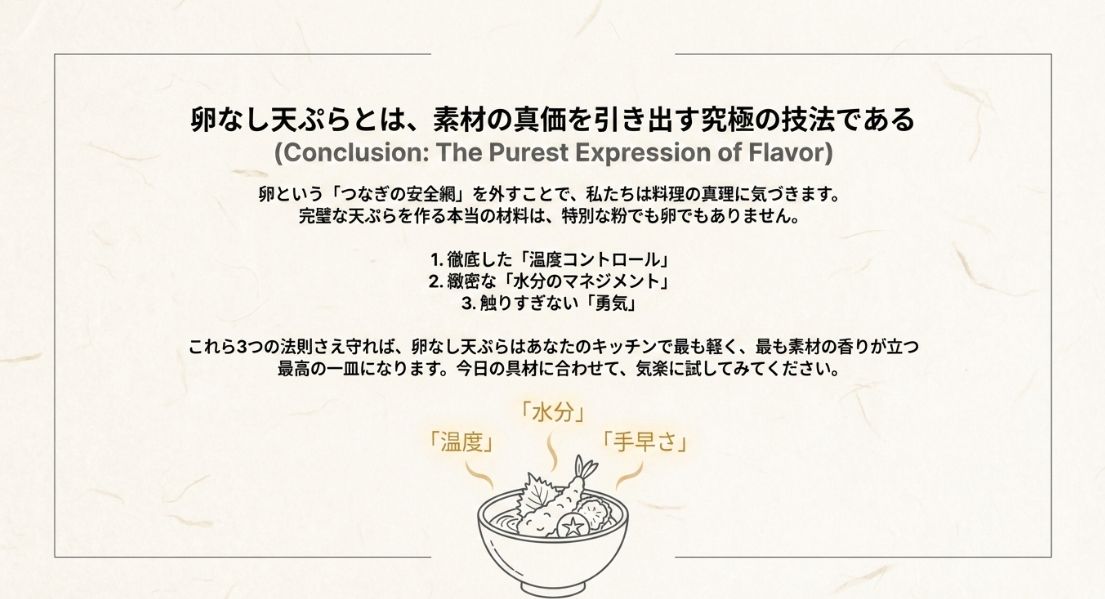 温度、水分、触らない勇気の3点が成功の秘訣であることを伝える、記事の締めくくりスライドです。