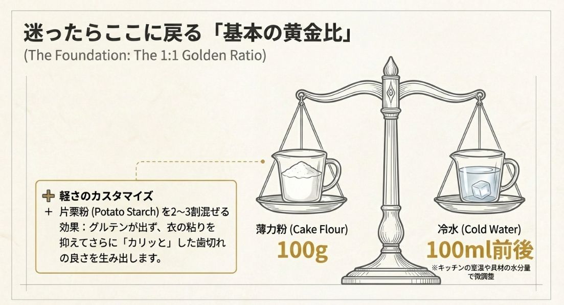 薄力粉100gと冷水100mlの1対1の黄金比を示す天秤のイラスト。室温や具材に合わせた微調整の必要性も解説しています。