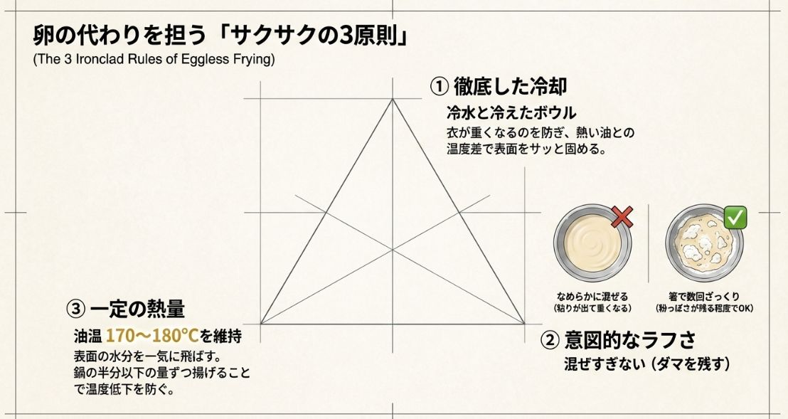 徹底した冷却、意図的なラフさ(混ぜすぎない)、一定の熱量(170-180°C)の3つの鉄則をまとめた解説図です。