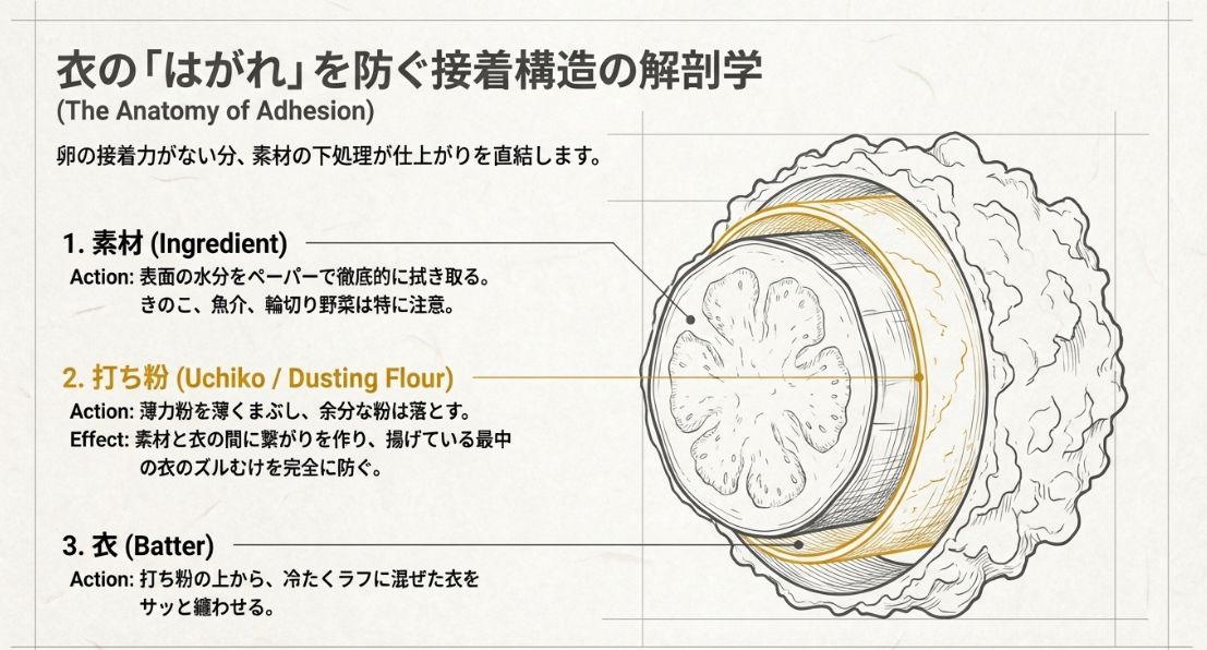 素材の水分を拭き取り、打ち粉をし、冷たい衣を纏わせるという、衣の剥がれを防ぐ3ステップの解剖図です。