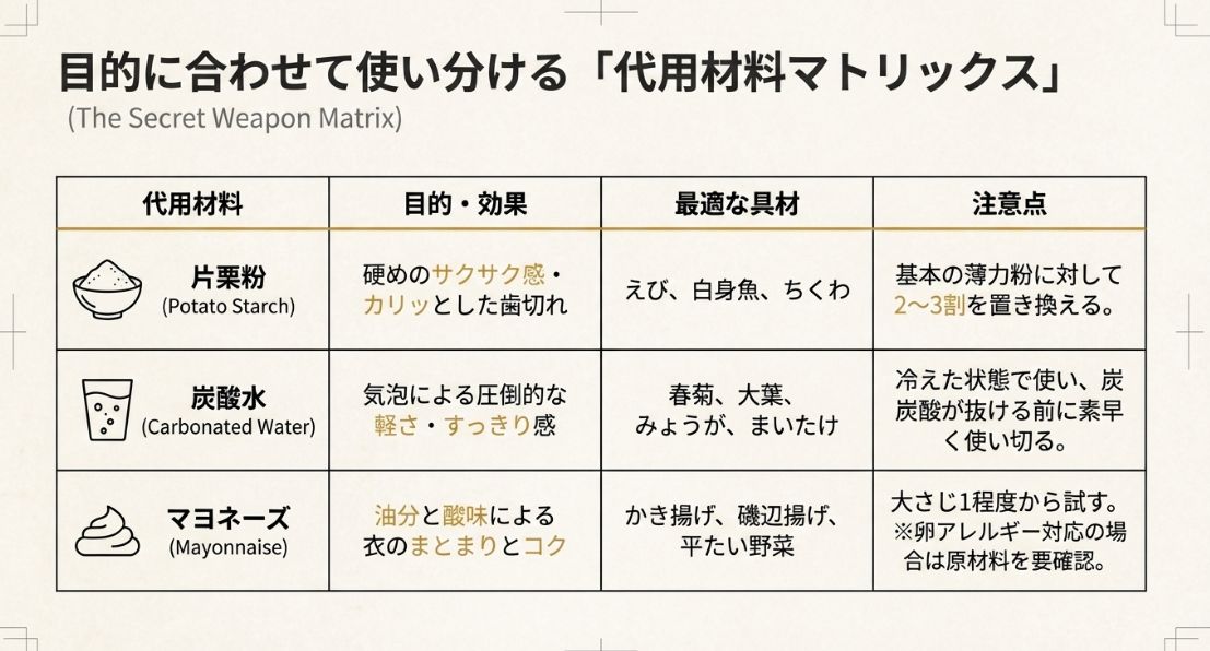 片栗粉、炭酸水、マヨネーズそれぞれの目的、効果、最適な具材、注意点を一覧にまとめた比較表です。