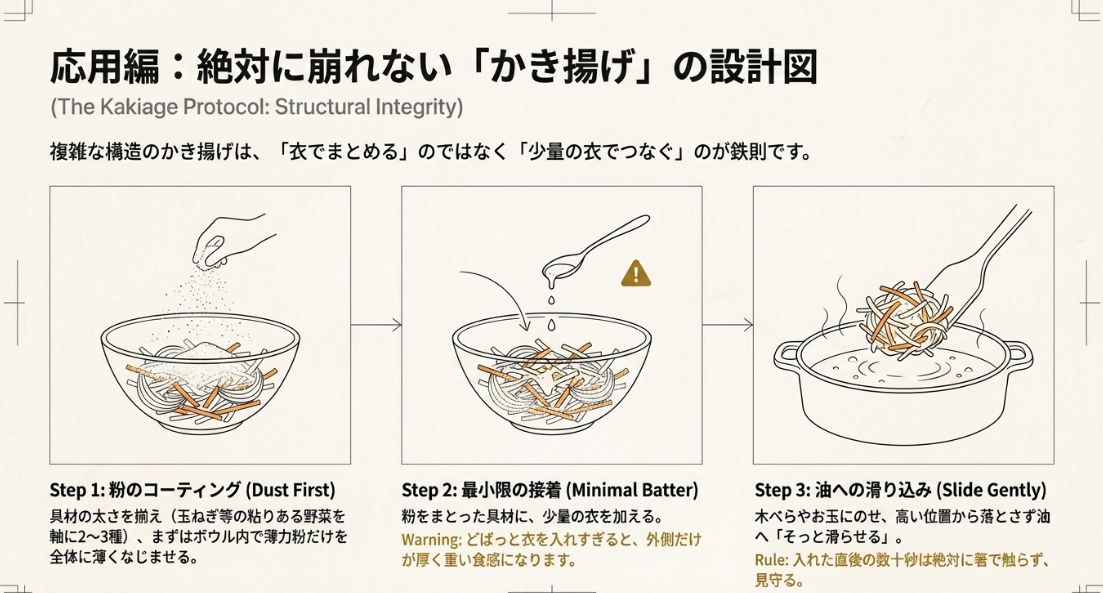 粉のコーティング、最小限の衣での接着、油への滑り込みという、かき揚げを崩さず揚げる手順のイラストです。