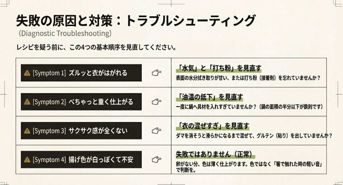 衣がはがれる、べちゃっとする、サクサク感がないなどの症状別に見直しポイントをまとめた表です。