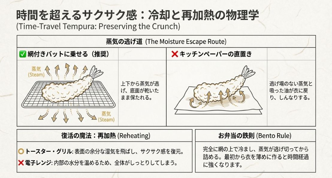網付きバットで蒸気を逃がす推奨例と、キッチンペーパーで蒸気が戻りしんなりする失敗例を比較した図です。