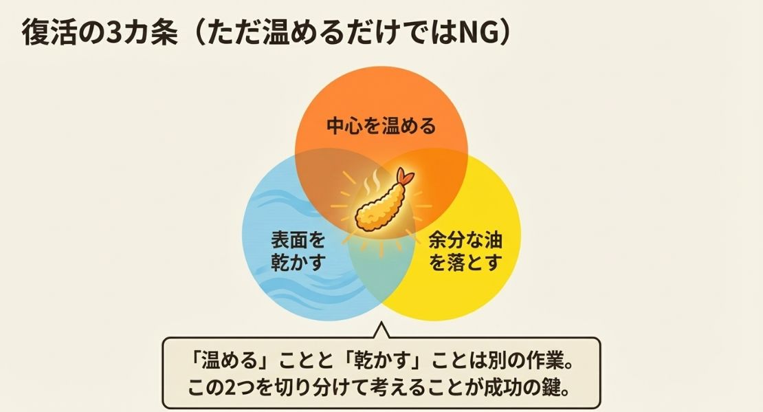 中心を温める、表面を乾かす、余分な油を落とすという、復活に不可欠な3つのポイントをまとめたイラスト