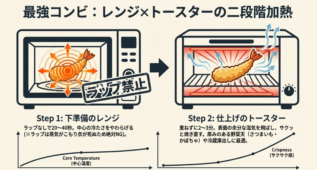 電子レンジで芯を温めてからトースターで外を焼く、二段階加熱の工程とサクサク感の変化を示した図