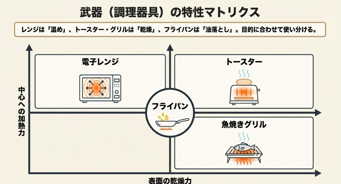 電子レンジ、トースター、フライパン、魚焼きグリルの「中心への加熱力」と「表面の乾燥力」を比較したグラフ