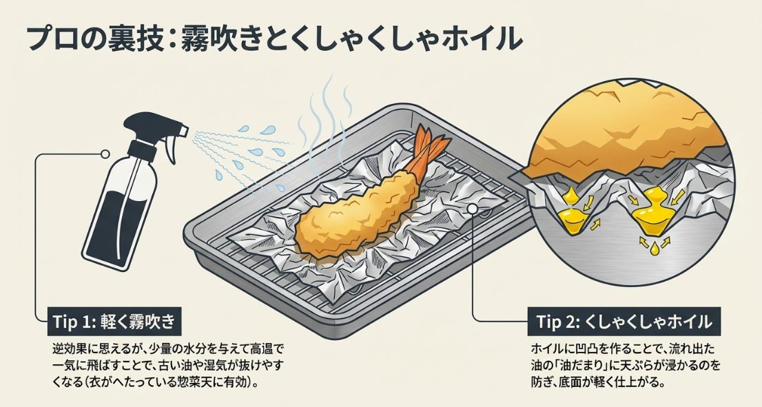 天ぷらに軽く霧吹きをし、凹凸を作ったアルミホイルに乗せて加熱するプロの裏技を解説したイラスト