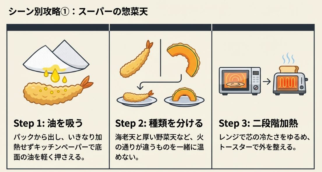油を拭き取り、種類を分けてから二段階加熱を行う、惣菜天ぷらを美味しく戻す3つのステップ