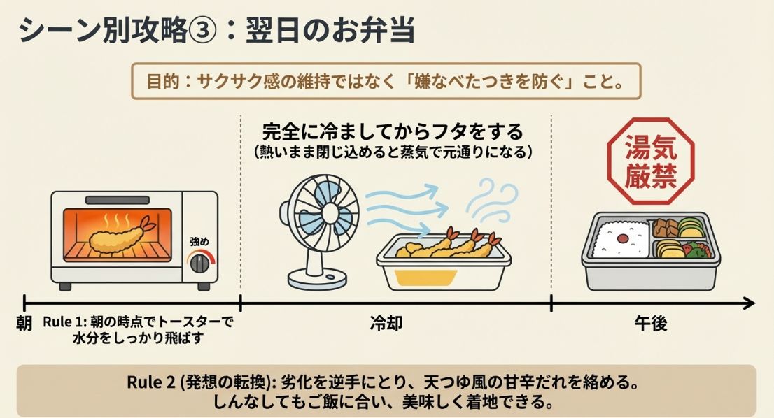 加熱後にしっかり冷ますことや、タレを絡めるなどの、お弁当でべたつきを防ぐための対策まとめ