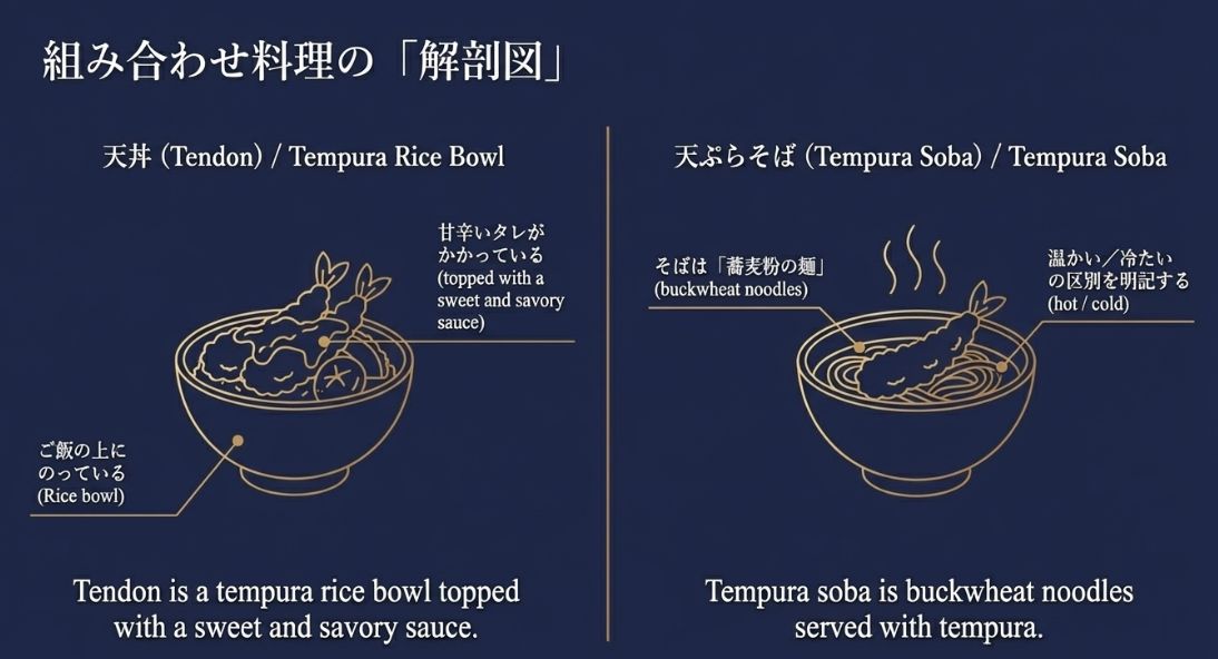 天丼（ご飯に甘辛いタレ）と天ぷらそば（蕎麦粉の麺に天ぷら）のイラストと、それぞれの特徴を英語で説明する図解。