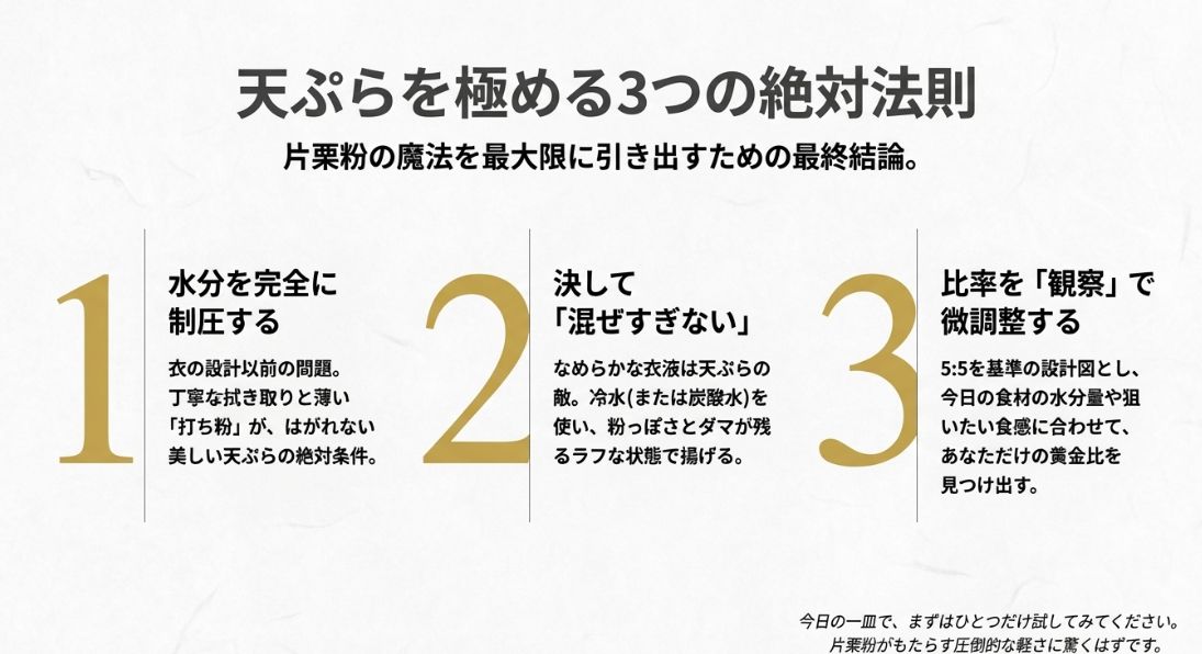 水分の制圧、混ぜすぎ厳禁、比率の微調整という、片栗粉を最大限に活かすための最終的なまとめスライド