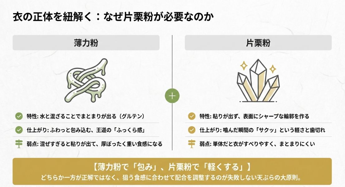 薄力粉の「包み込む力(グルテン)」と片栗粉の「シャープな輪郭(サクッと感)」の特性と弱点を比較した解説図