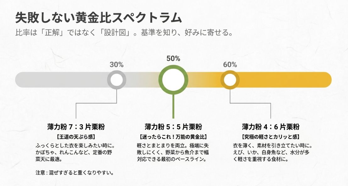 野菜天向きの7対3、万能な5対5、魚介向きの4対6など、狙う食感に合わせた粉の配合比率設計図
