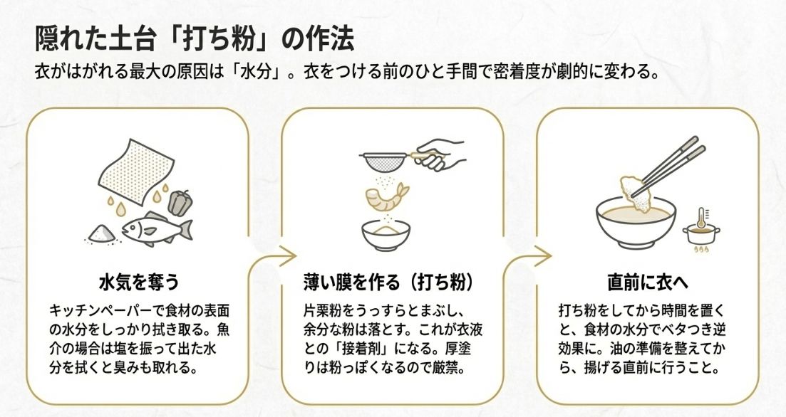 水気を拭き取る、薄く打ち粉をする、揚げる直前に衣をつけるという衣の密着度を高める手順図