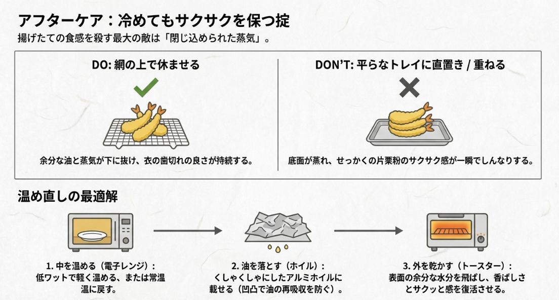 網の上で休ませる油切りのコツと、レンジ・トースターを併用した理想的な温め直しの手順