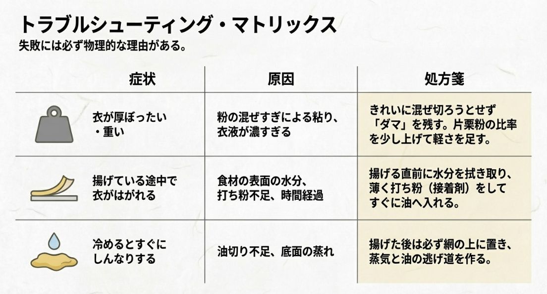 衣の厚み、剥がれ、しんなり感といった代表的な失敗の原因と解決策をまとめた表