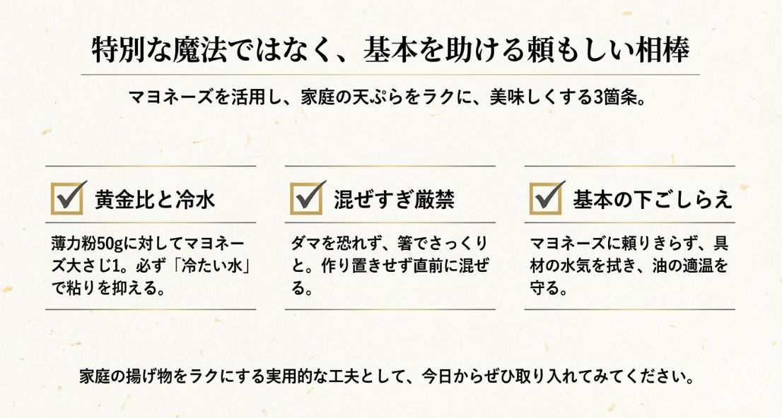 黄金比と冷水、混ぜすぎ厳禁、基本の下ごしらえという、家庭の天ぷらをラクに美味しくするためのまとめ