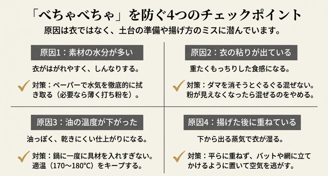 素材の水分、衣の粘り、油の温度低下、揚げた後の重ね方の4つが原因で天ぷらがべちゃべちゃになる対策をまとめた図解