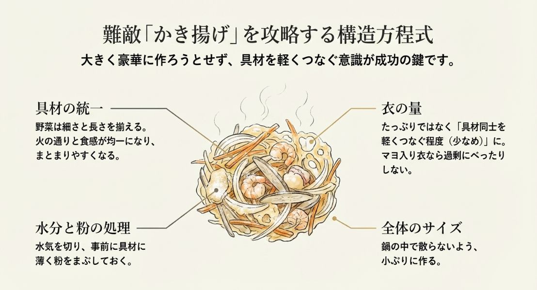 具材の太さを揃え、衣を少なめにし、事前に粉をまぶして小ぶりに作るというかき揚げ成功の秘訣