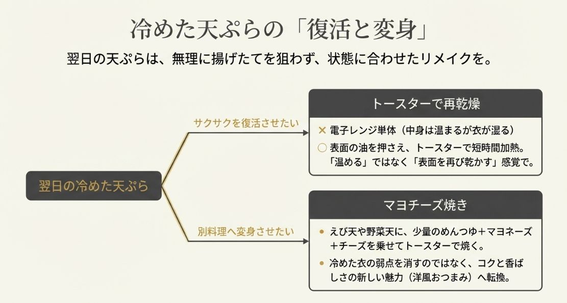 トースターで表面を再乾燥させてサクサクを復活させる方法と、めんつゆ・マヨ・チーズでリメイクする「マヨチーズ焼き」の紹介