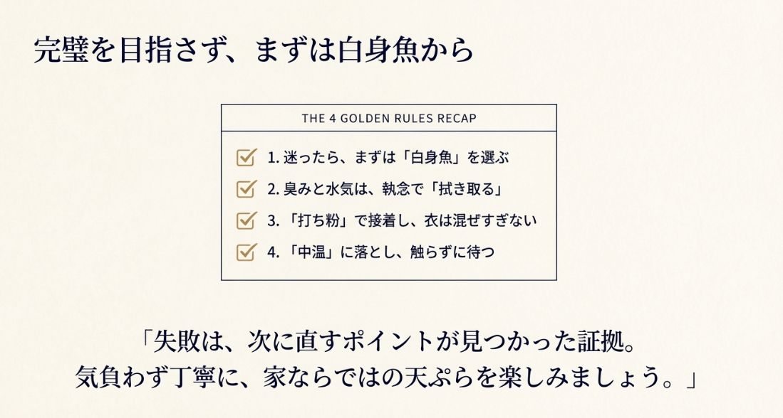 白身魚選び、水気の拭き取り、打ち粉の活用、中温で触らず待つという4つの重要ポイントのチェックリスト