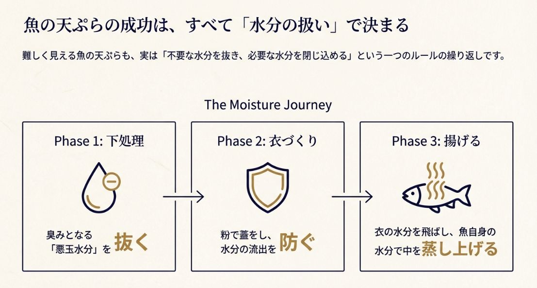 下処理で臭みを抜き、衣で流出を防ぎ、揚げて蒸し上げるという水分コントロールの3工程（Phase 1〜3）を示した図解