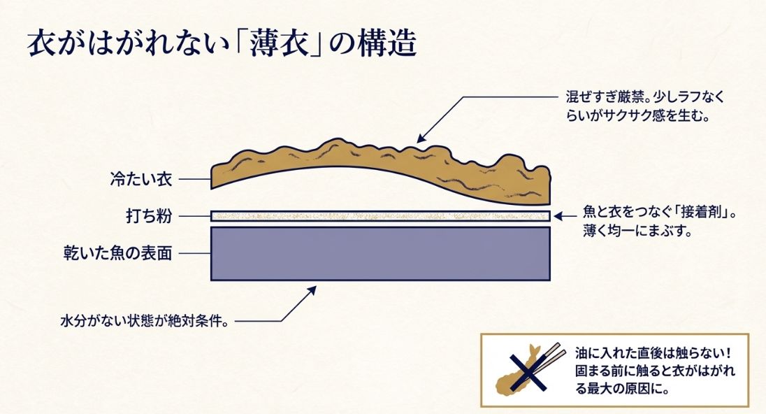 乾いた魚の表面に打ち粉を接着剤としてまぶし、冷たい衣を薄くまとわせる構造を示した断面図