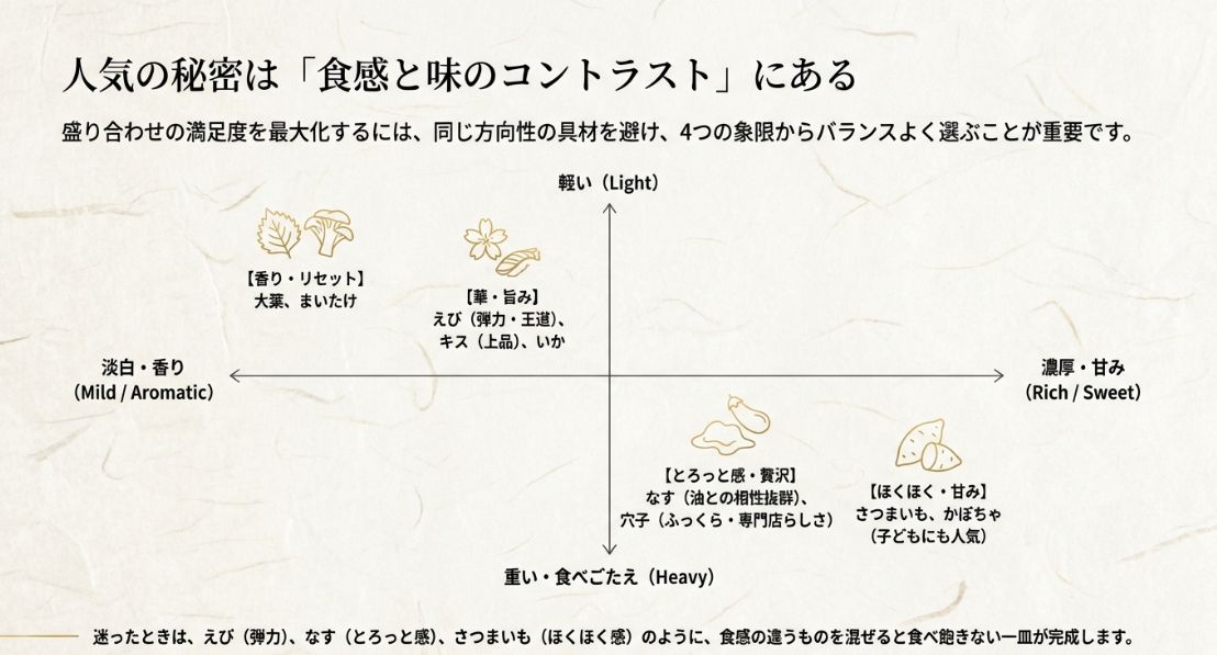 具材を「軽い・重い」「淡白・濃厚」の4象限で分類し、えび、なす、さつまいも、穴子などの食感の違いを可視化した図解スライド。