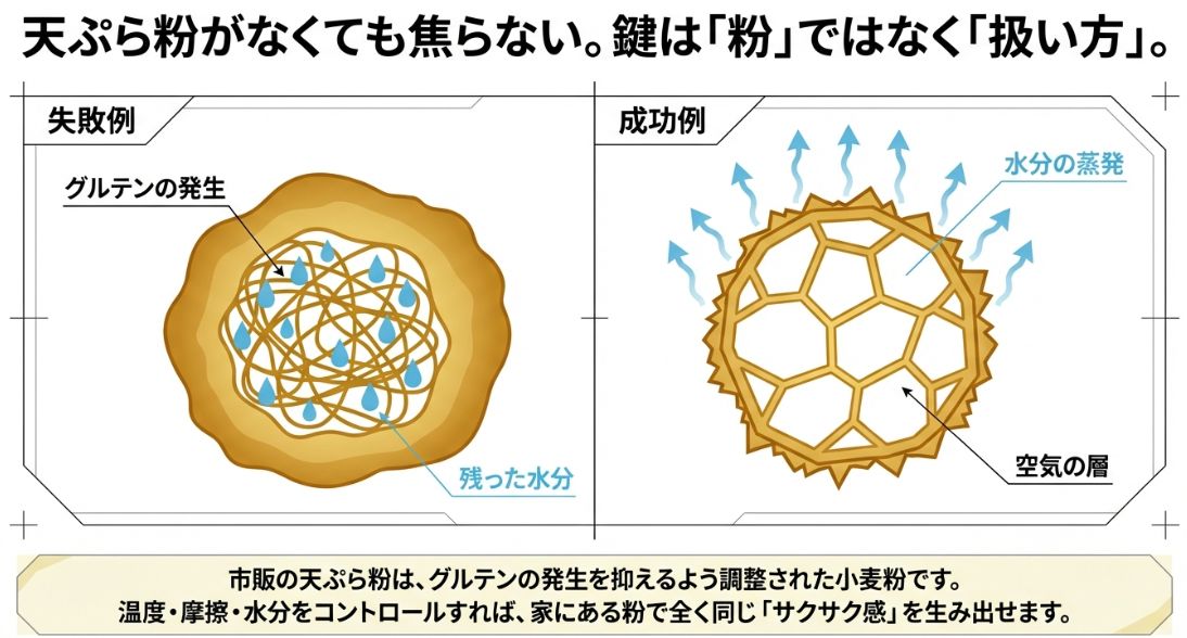 グルテンが発生して水分が残ってしまった失敗例と、水分の蒸発により空気の層ができた成功例を比較した断面図。