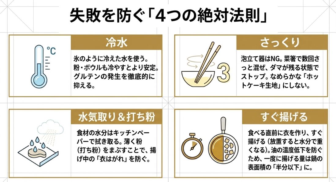 氷のように冷えた水を使う、菜箸でさっくり混ぜる、食材の水気を拭いて打ち粉をする、食べる直前にすぐ揚げるという4つのコツのイラスト。