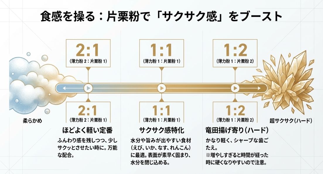 ほどよく軽い2:1、サクサク特化の1:1、超サクサクの1:2という、薄力粉と片栗粉の配合バランスとそれぞれの特徴の解説。