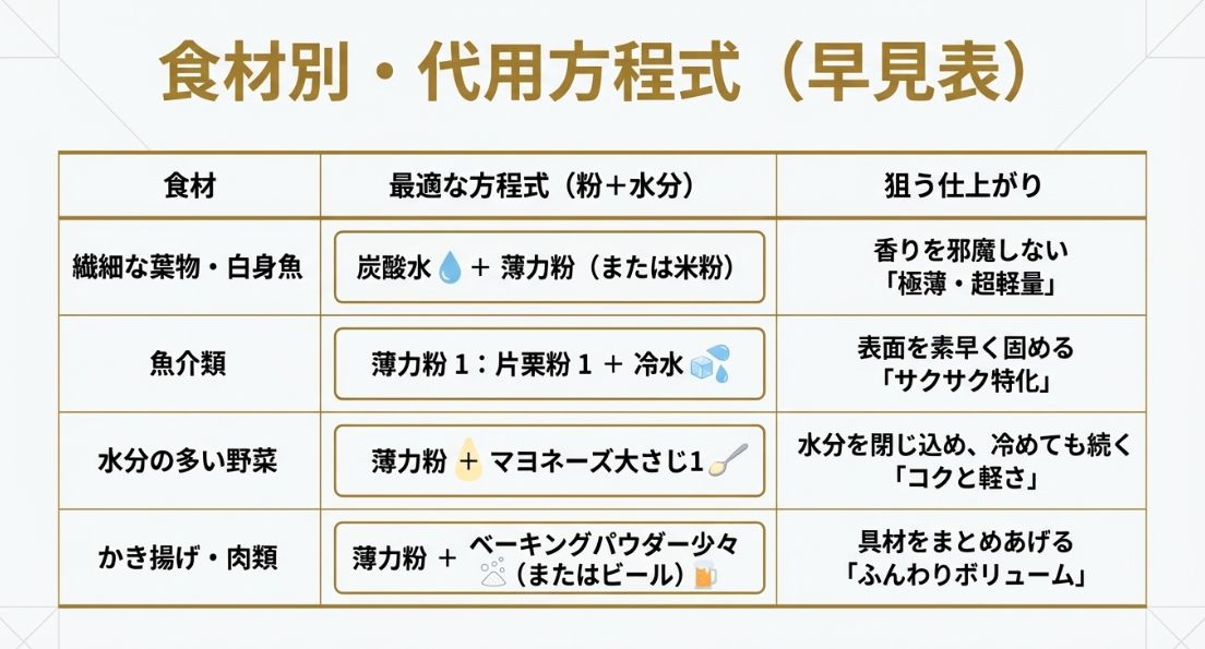 繊細な葉物、魚介類、野菜、かき揚げ・肉類の4パターンに最適な、粉と水分の組み合わせ一覧。