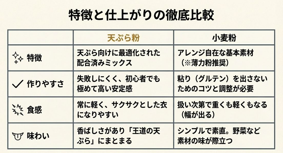 天ぷら粉と小麦粉の作りやすさ、食感、味わいの違いをまとめた比較表。天ぷら粉は安定感があり、小麦粉は素材の味が際立つことを示している。