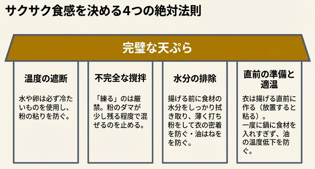 サクサク食感を実現するための「温度の遮断」「不完全な撹拌」「水分の排除」「直前の準備と適温」の4つのポイントをまとめた解説図。