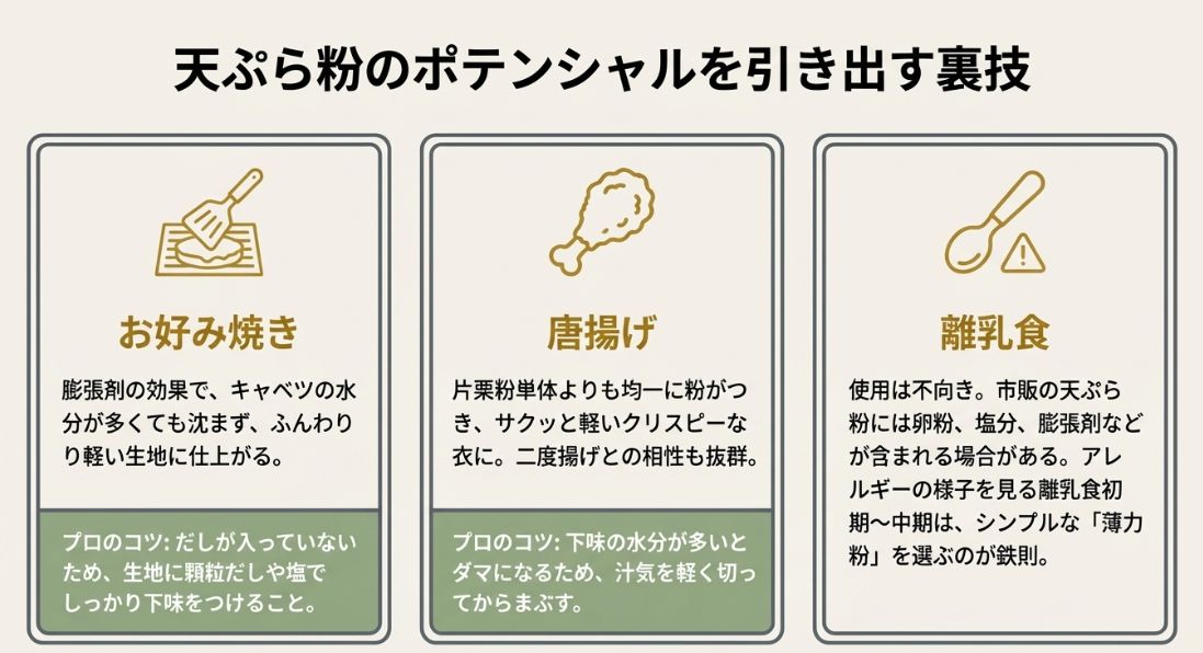 天ぷら粉をお好み焼きや唐揚げに使うプロのコツと、離乳食には不向きであるというアレルギー・添加物に関する注意点。