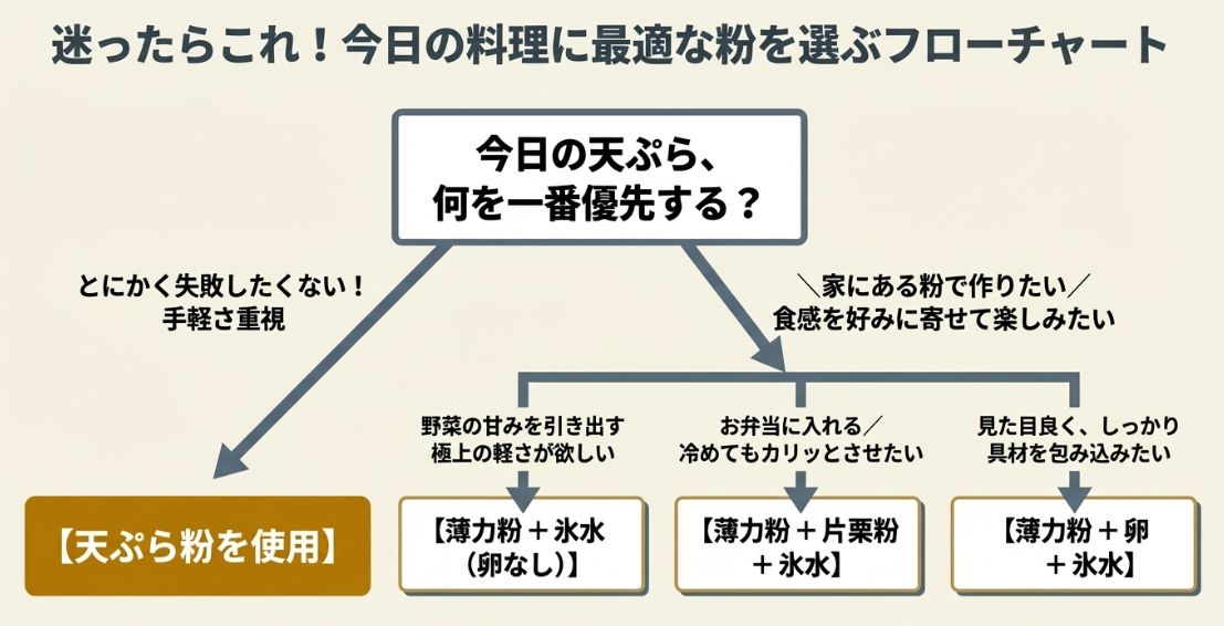 手軽さ、野菜の甘み、お弁当用など、料理の目的に合わせて「天ぷら粉」か「薄力粉+アルファ」のどちらを選ぶべきか判定できるフローチャート。