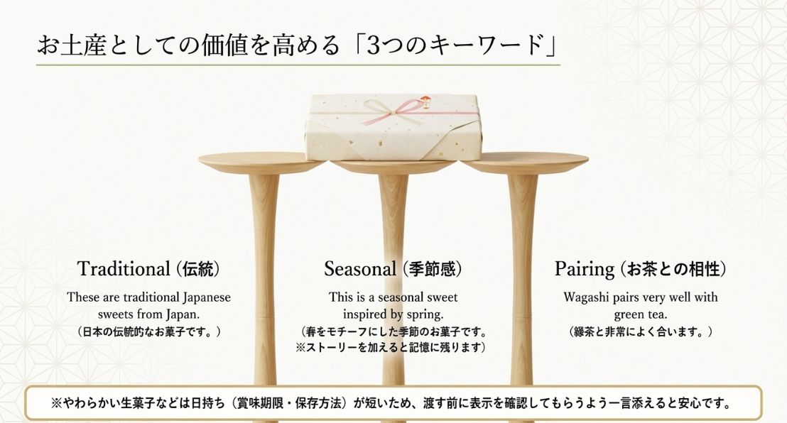 和菓子をお土産として紹介する際のポイント。Traditional(伝統)、Seasonal(季節感)、Pairing(お茶との相性)の3つの切り口を解説。