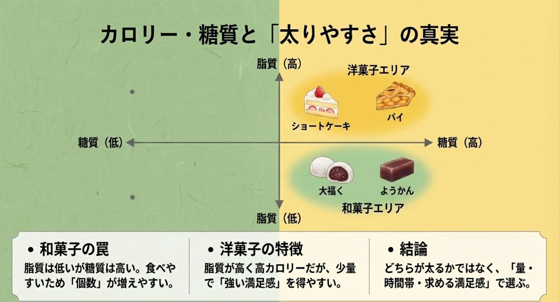 和菓子は「低脂質・高糖質」、洋菓子は「高脂質・高満足」という特徴を示し、選び方の結論をまとめたグラフ。