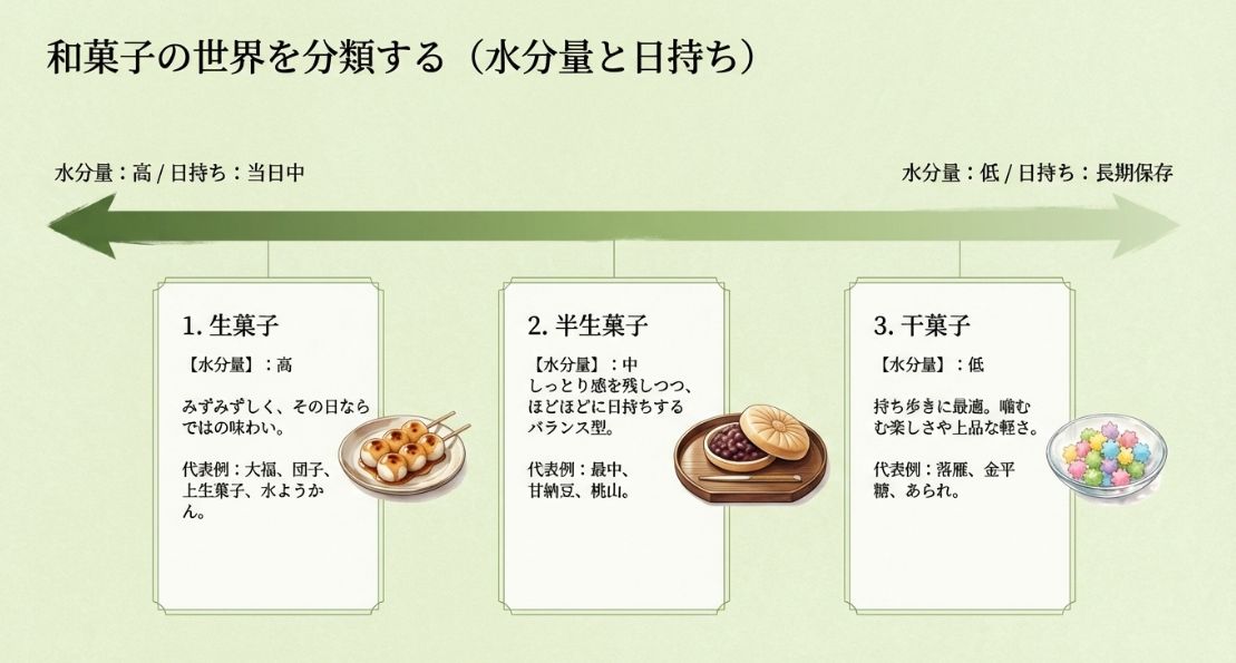 和菓子を水分量によって3種類（生・半生・干菓子）に分け、それぞれの代表例と保存性をまとめた図。 