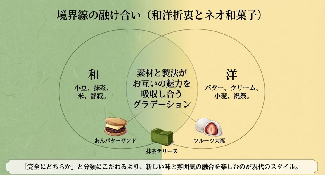 和（小豆・抹茶）と洋（バター・クリーム）の素材が融合する様子をベン図で表現。あんバターサンドやフルーツ大福などを紹介。