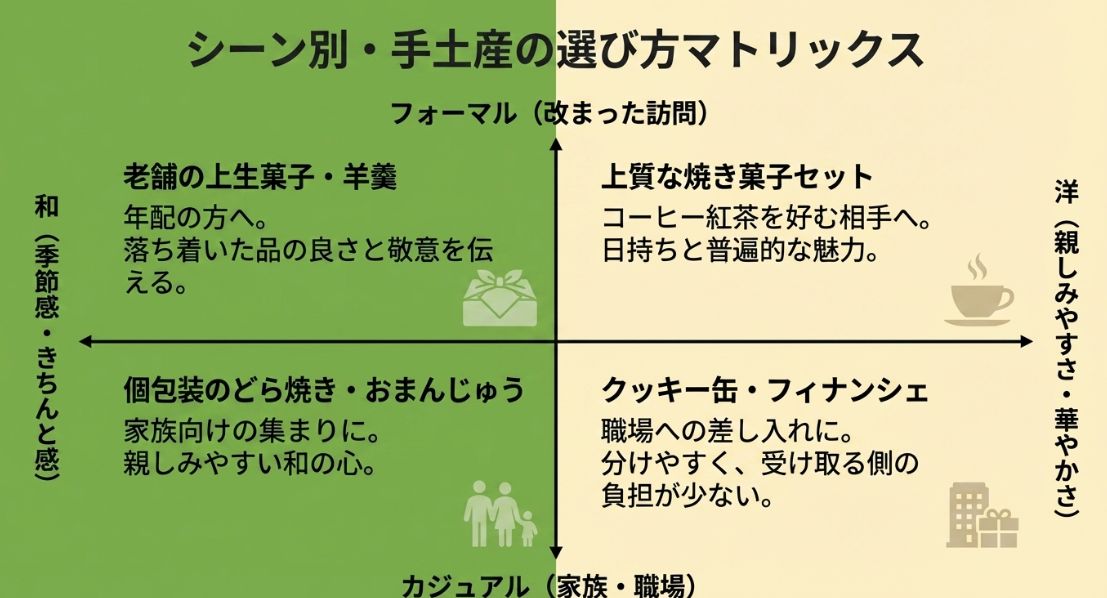 「フォーマル・カジュアル」と「和・洋」の4象限で、贈る相手や場面に合わせた最適な菓子をまとめた表。