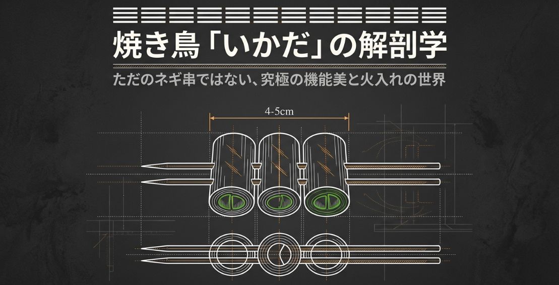 焼き鳥「いかだ」の設計図。ねぎの長さ4〜5cm、2本の串を平行に打つ構造を上から見た図と横から見た図で示した解剖学的なイラスト。