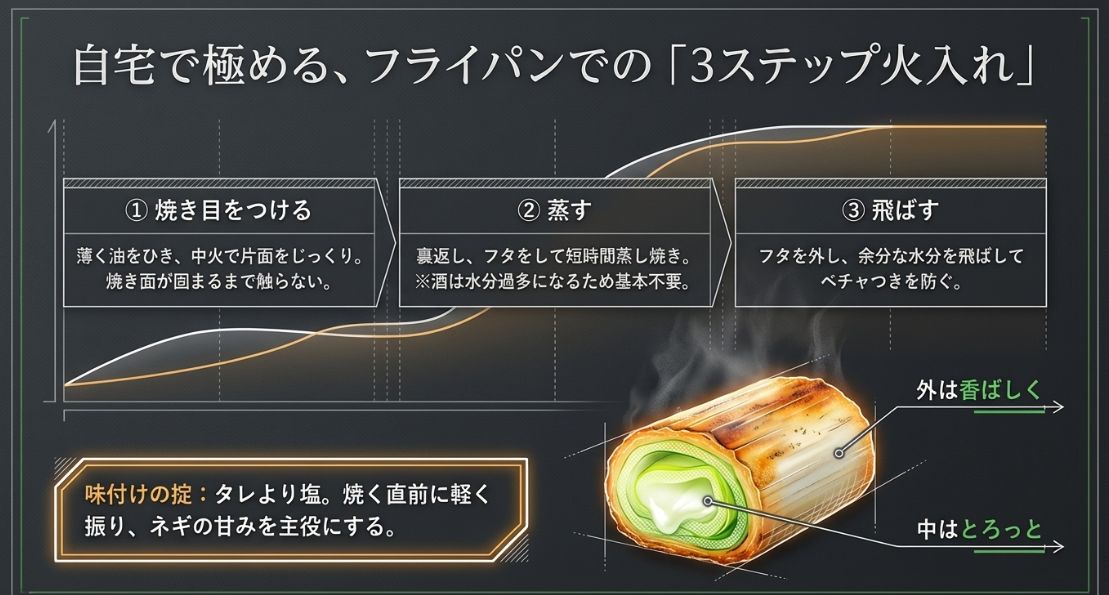 自宅のフライパンで極める「3ステップ火入れ」の手順。1.焼き目をつける、2.蒸す、3.飛ばすの工程と、味付けは塩が基本であることを解説した図解。